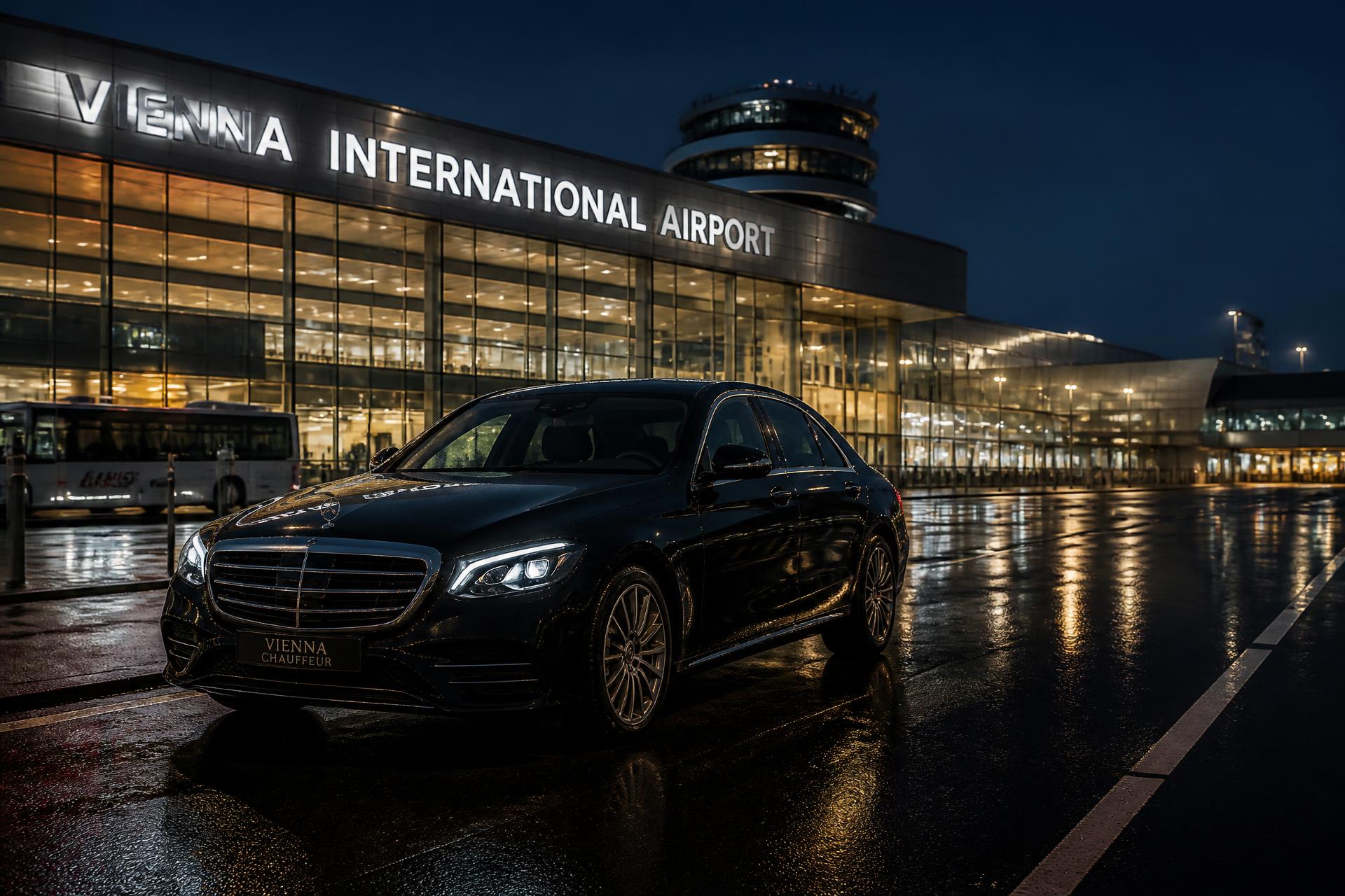Schwarze Mercedes Limousine vor dem Terminal des Flughafen Wien-Schwechat bei Nacht